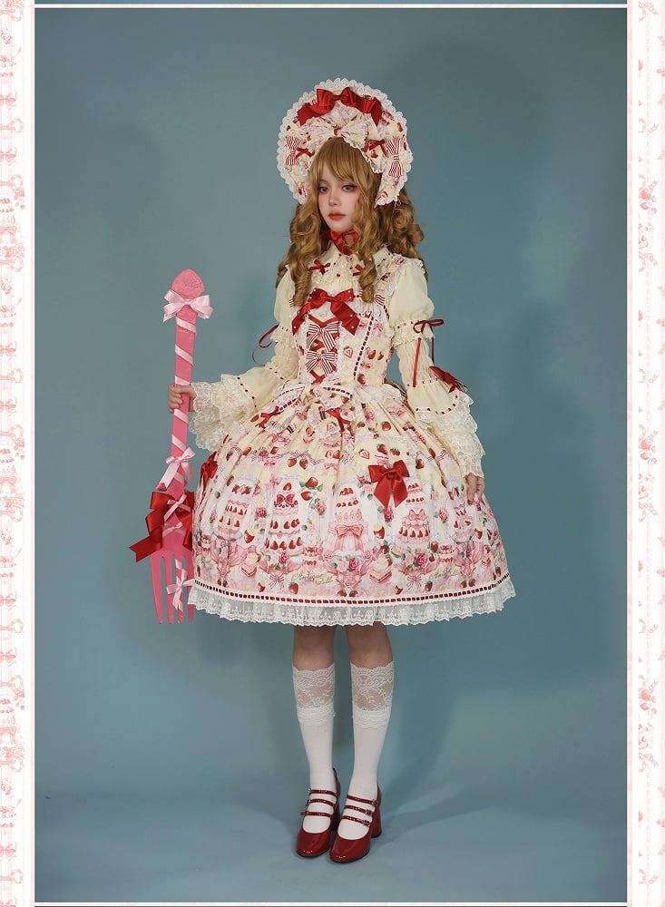 Desserts Yellow / Bow Lolita and JSK Strawberry Accents Sweet Set Full Print