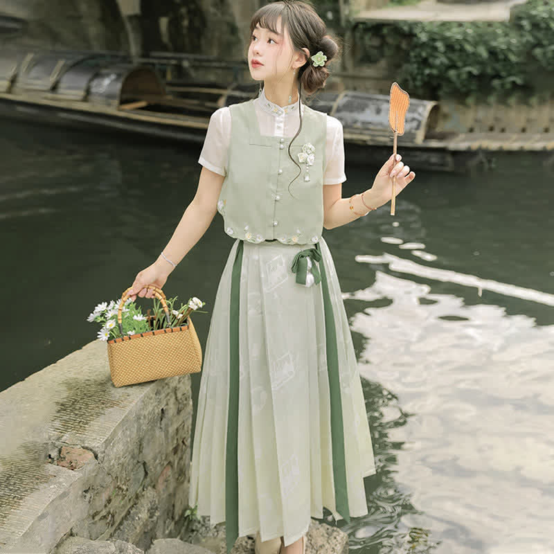 Vintage Vest Chiffon T-Shirt Pleated Skirt