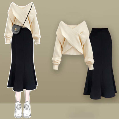 Chic V-neck Cross Knit Sweater Fishtail Skirt