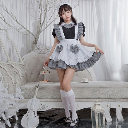 Kawaii Plaid Bow Tie Lolita Maid Ruffle Costume Dress