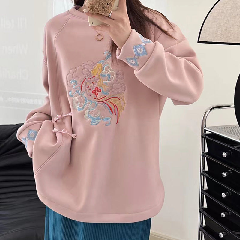 Charming Koi Fish Embroidery Round Collar Sweatshirt