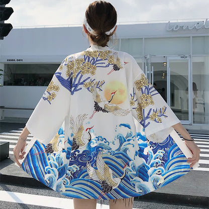 Fashion Crane Blossom Print Cardigan Outerwear