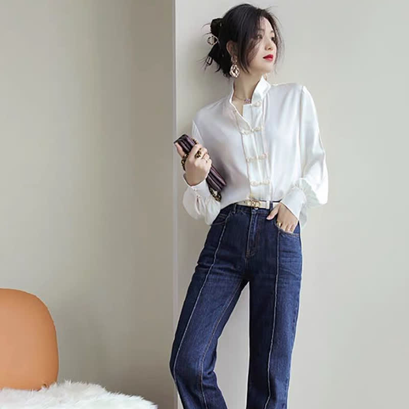 Vintage Buckle Chiffon Shirt Workwear