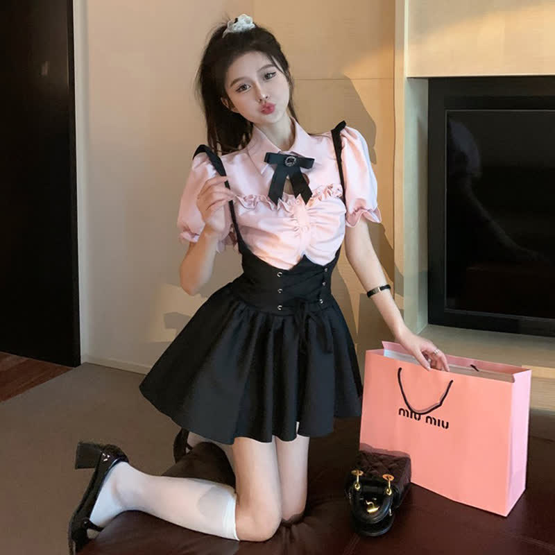 Pink Love Heart Hollow Out Bowknot T-Shirt Lace up Suspender Dress