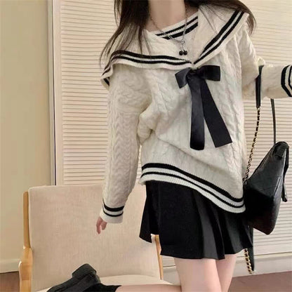 Sweet Sailor Collar Sweater Lattice Pleated Skirt Set