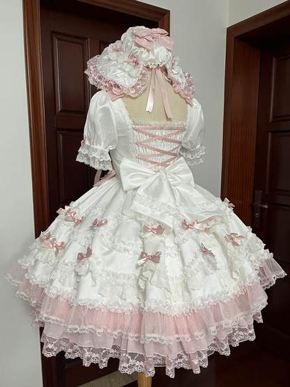 Detachable Princess Sakura Accents Sleeves with Waist Pink Lolita High Bow Sweet Dress White