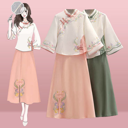 Floral Embroidery Buckle Vintage Top Skirt Set