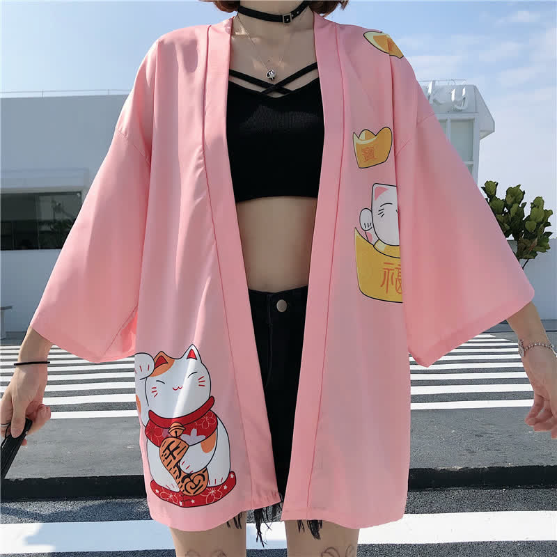 Cardigan imprimé lettre Lucky Cat Kimono Vêtements d'extérieur