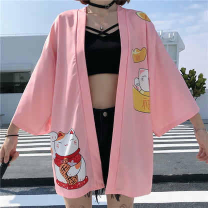 Cardigan imprimé lettre Lucky Cat Kimono Vêtements d'extérieur