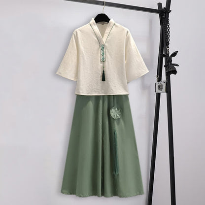 Vintage Hanfu Embroidery Tassel Shirt Skirt Set