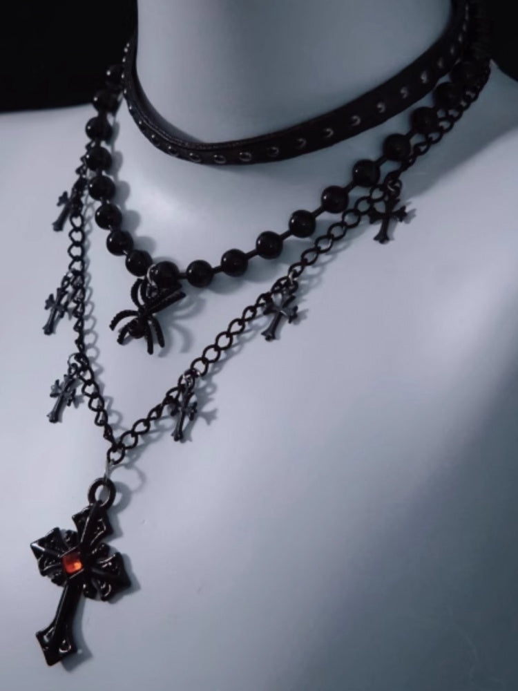 Spider Cross Pendant Black Triple Layered Necklace