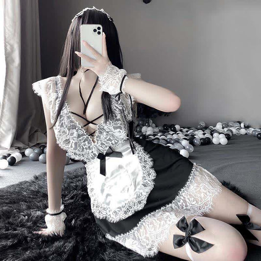 Cosplay Black Bow Maid Deep Lace Lingerie Dress