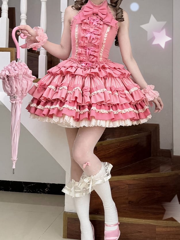 Neck Rose Skirt Sweet Ruffle Idol Lolita Accents Halter Dress Pink Bow Tiered