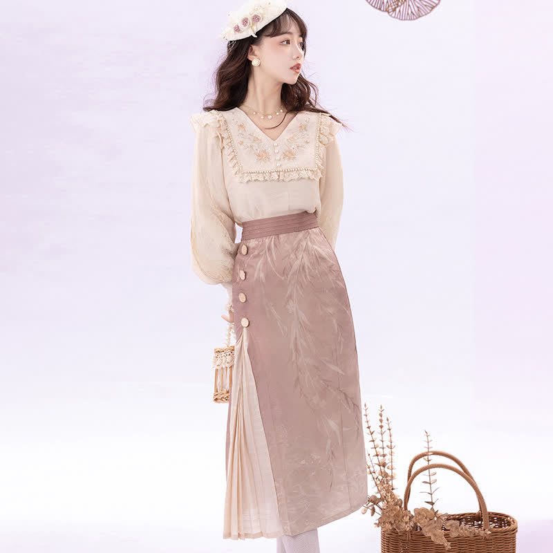 Elegant Embroidery Pink Shirt High Waist Split Pleated Skirt