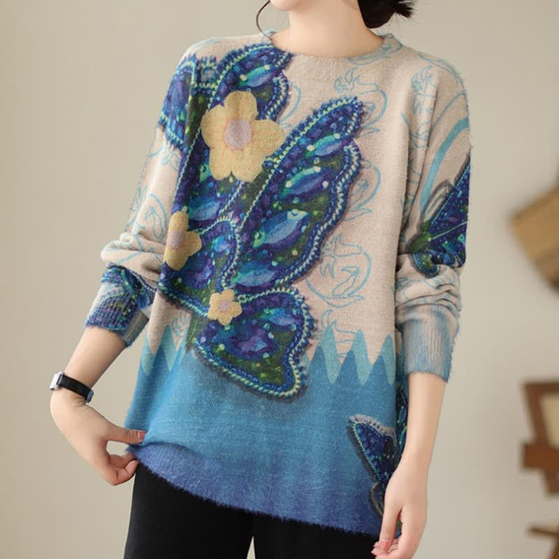 Vintage Blue Flower Butterfly Print Sweater
