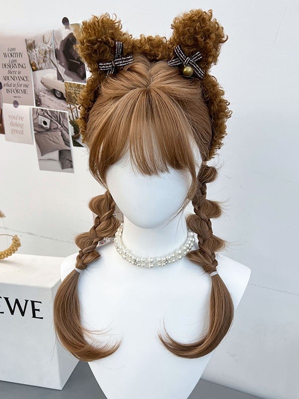 Synthetic Ponytails Braided Full and Double Wig Brown Bangs With