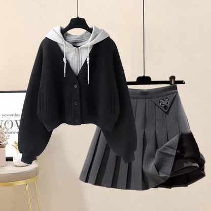 Casual Pocket Hoodie Pleated Skirt Set