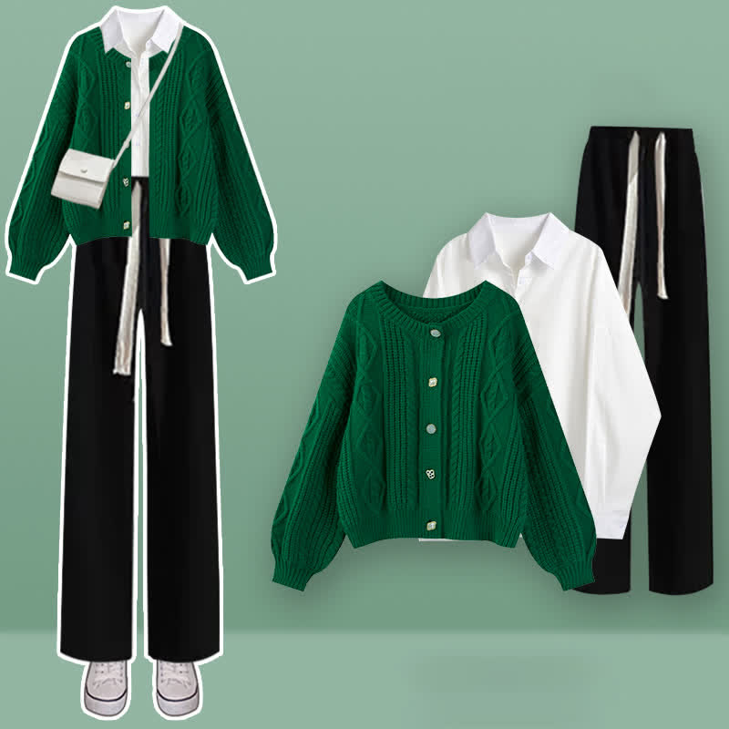 Cable Green Cardigan Sweater Lapel Shirt Denim Pants Set