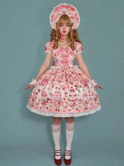 Print Dress Sweet Lolita Bow Set Pink / Accents Strawberry Cake Full