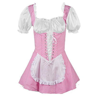 Sweet Kawaii Lattice Print Lace Up Maid Dress