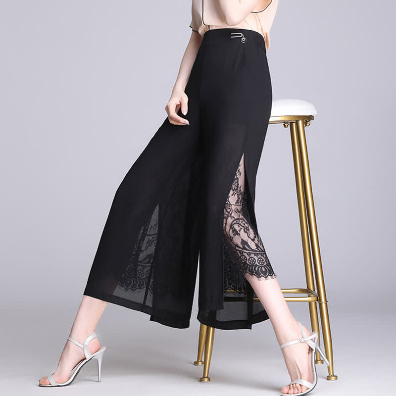 Chic Lace Stitching Split Wide Leg Pants