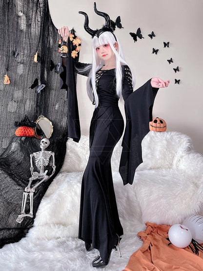 Halloween Costume Black Wide Bat Sleeves Witch Dress