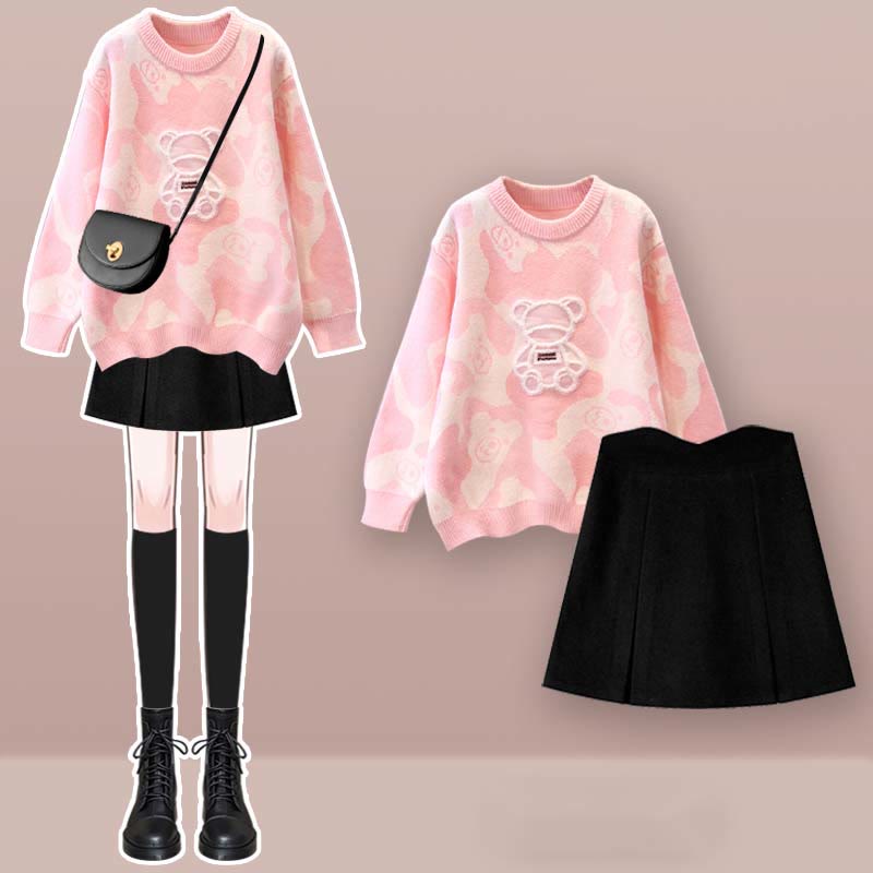 Cartoon Bear Print Sweater Split Skirt Set