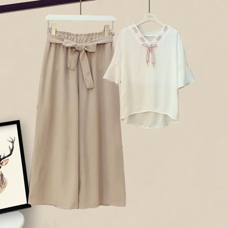 Elegant Bowknot Chiffon T-Shirt Lace Up Wide Leg Pants