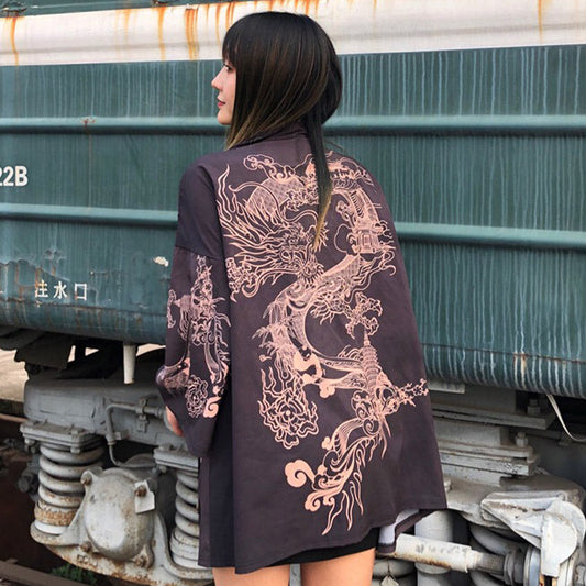 Mysterious Dragon Print Kimono Outerwear