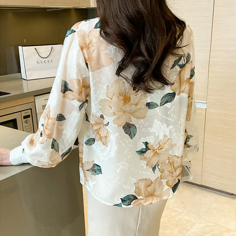 Sweet Floral Puff Sleeve Lapel Chiffon Shirt