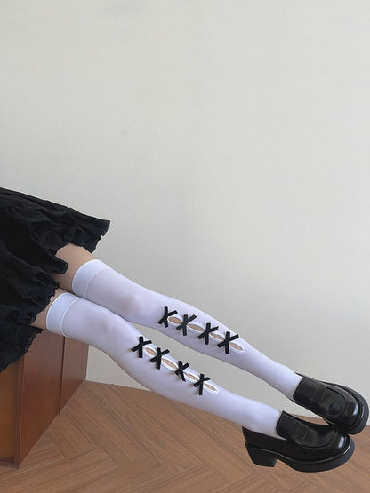 Stockings Cut-out Black/White Overknee Bowknot Design