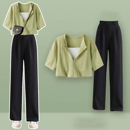 Fake Two Pieces Crop Top T-Shirt Casual Pants Set