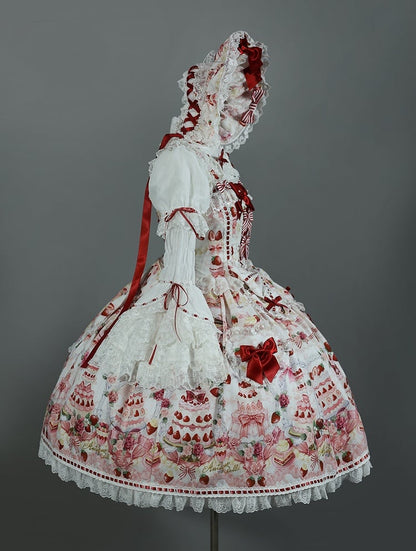 / Sweet Set Desserts Strawberry White Lolita JSK Print Bow and Full Accents