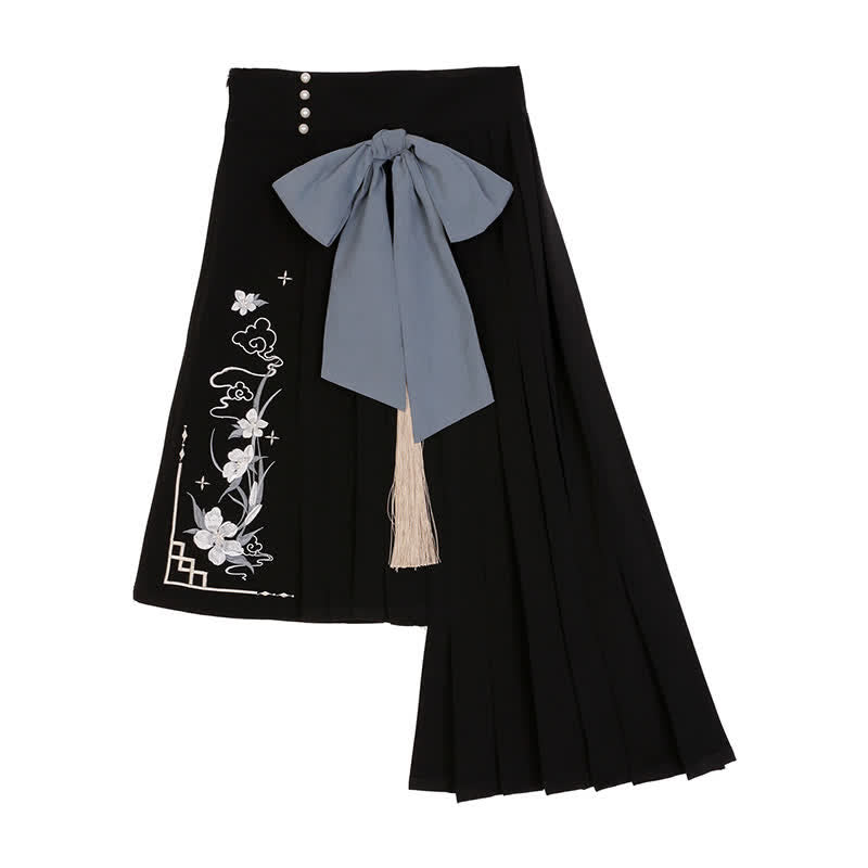 Sweet Embroidery Off The Shoulder Butterfly Shirt Irregualr Bow Pleated Skirt