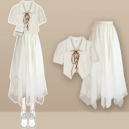 White Lace Up Polo T-Shirt Irregular Tulle Skirt modakawa