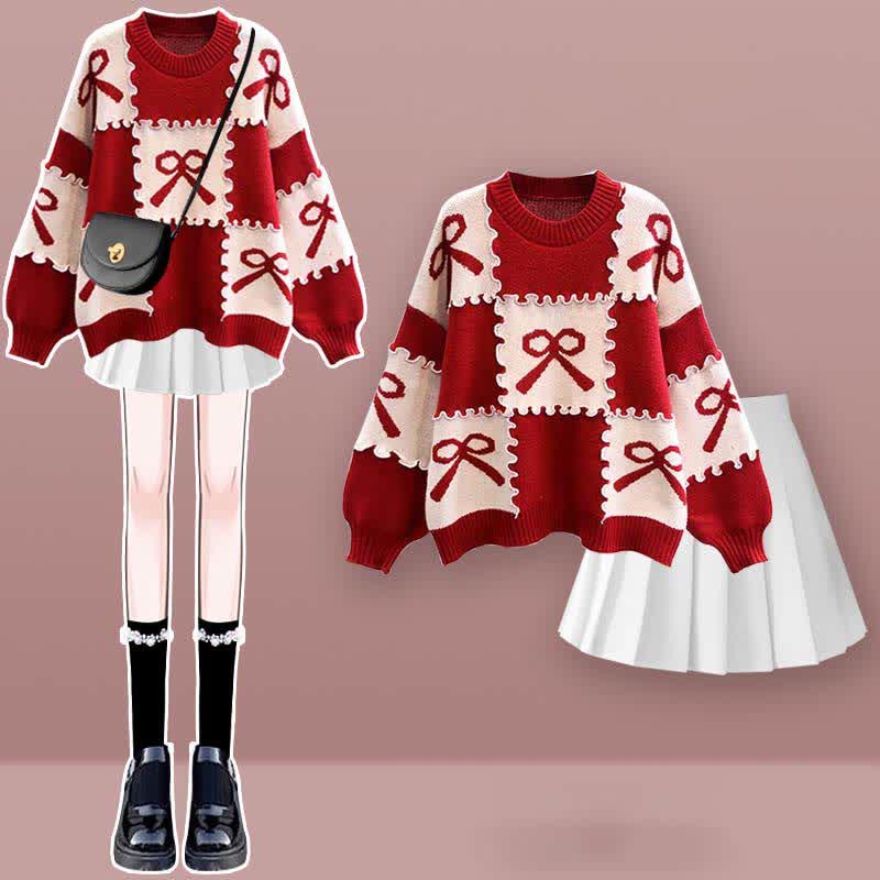 Bow Knot Print Sweater Plaid Pleated Skirt Set