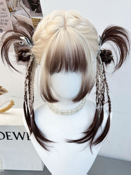 With Bangs Ombre Color Braided Brown White Wig Full And Synthetic Hair