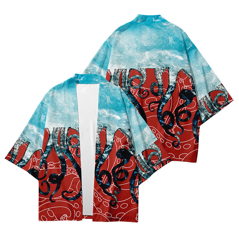 Colorblock Octopus Print Cardigan Kimono Outerwear