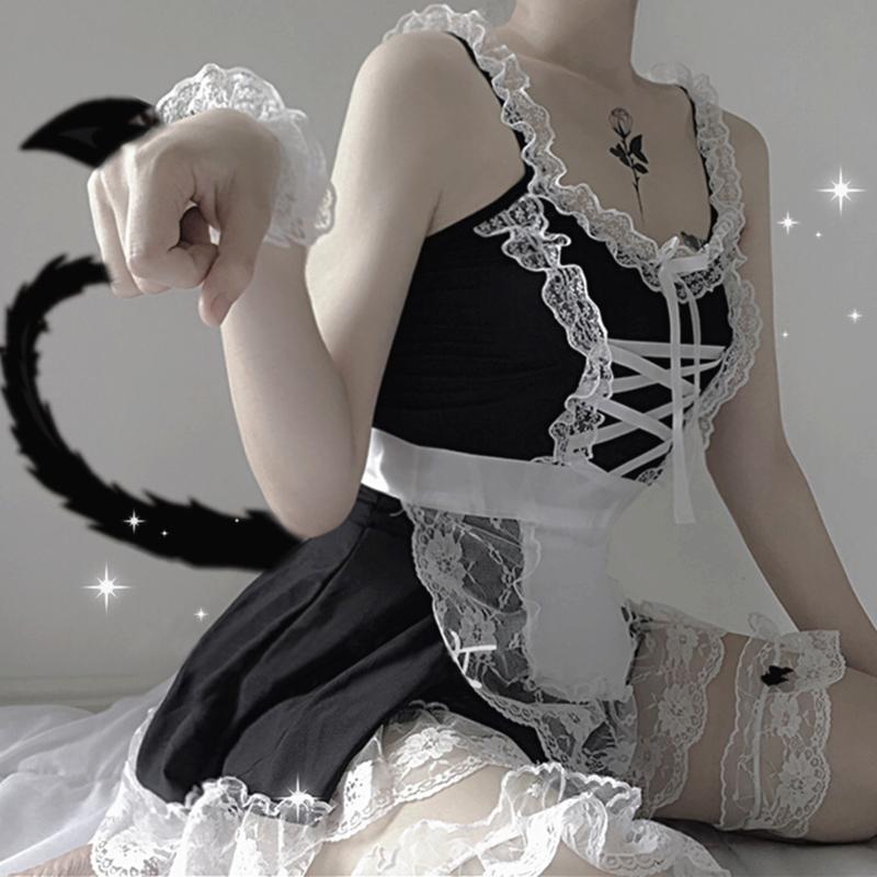 Chic Japanese Maid Lace Bow Lingerie Dress