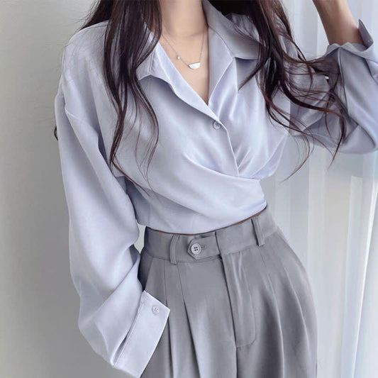 Chic Pure Color Lapel Crop Shirt