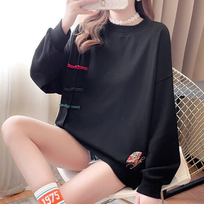 Vintage Fan Embroidery Buckle Sweatshirt