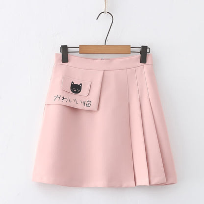 Cartoon Kitty Print Pure Color Pleated Skirt