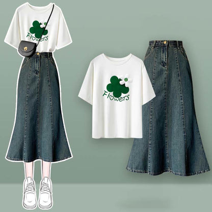 Bow Knot Butterfly Tulle Crop Top T-Shirt Fishtail Denim Skirt Set