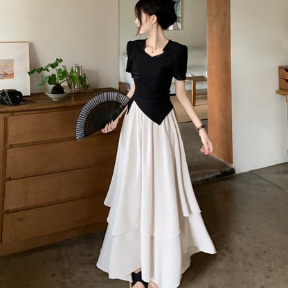 Elegant Buckle Irregular T-Shirt Layered Midi Skirt Set