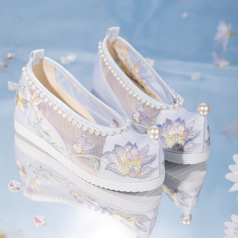 White Floral Embroidery Pearl Decor Mesh Shoes