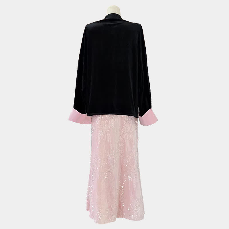 Enchanting Buckle Shirt Sequin Decor Pink Fishtail Skirt