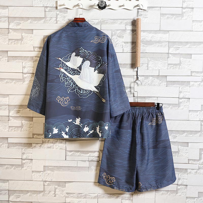 Floral Crane Sun Cardigan Kimono Outerwear Shorts Set