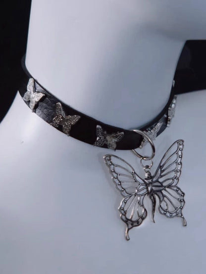 Handmade Metal Butterfly Pendant Black Choker