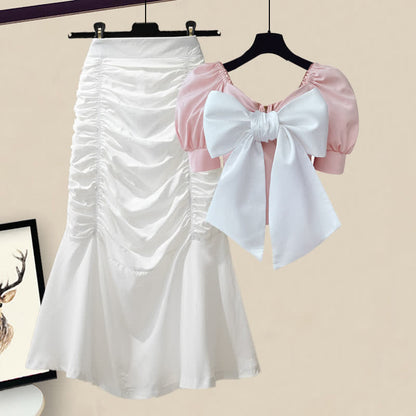 Bowknot Puff Sleeve T-Shirt High Waist Ruffled Skirt