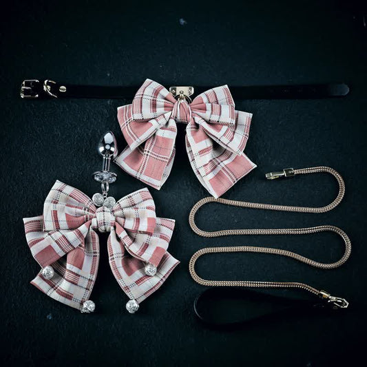 Pink Plaid Bowknot Bell Choker Anal Plug SM Accessories